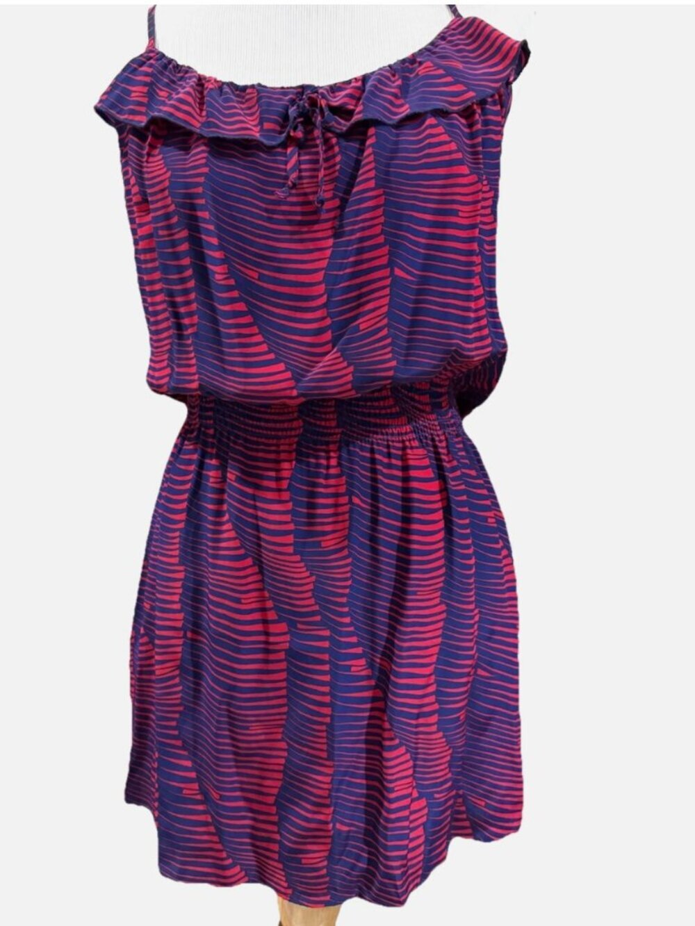 Parker 100% Silk Red Navy Abstract Tie Ruffle Neck Racerback Dress Size S